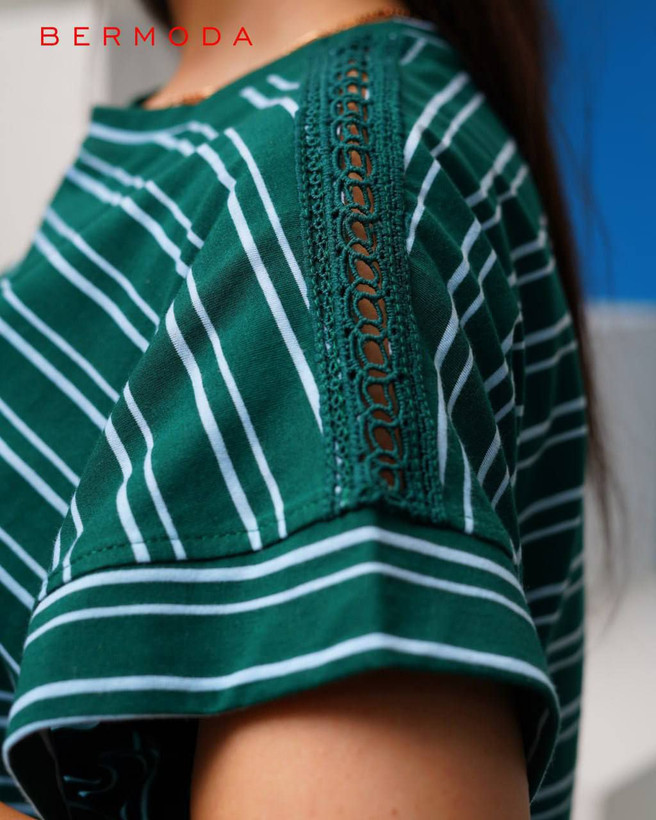 تیشرت پنبه زنانه راه راه سرشانه گیپور