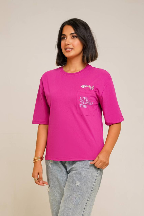 تیشرت پنبه ای تک جیب گلدوزی زنانه