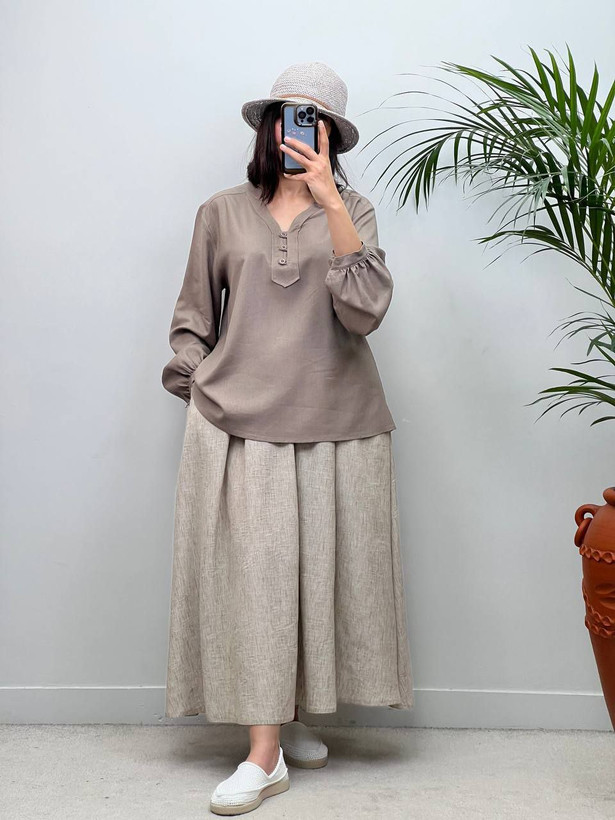 شومیز لنین دو نخ زنانه بسیار خنک و سبک رنگ موکا