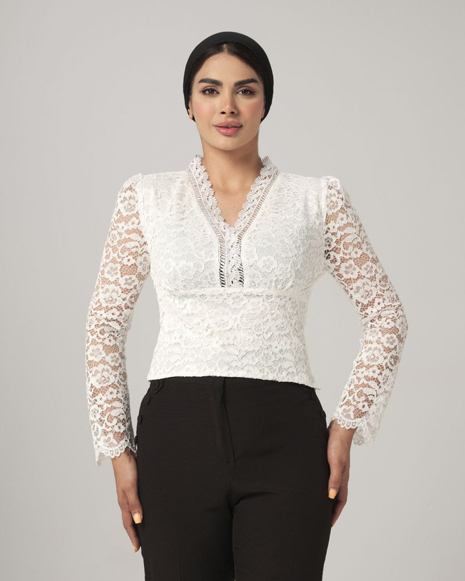 شومیز کراپ گیپور زنانه آستین بلند رنگ سفید