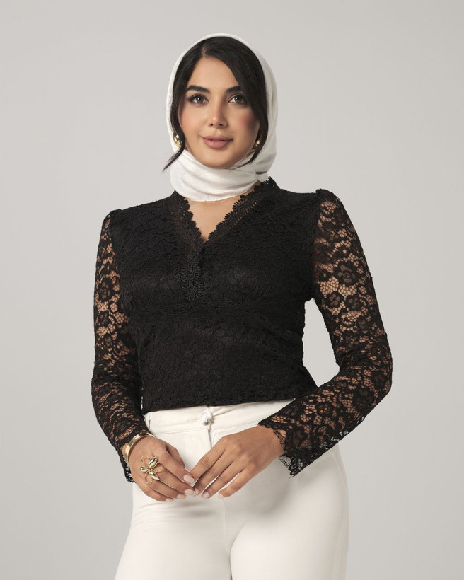 شومیز کراپ گیپور زنانه آستین بلند مشکی