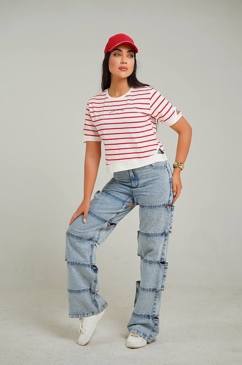 تیشرت کراپ دخترانه راه راه پنبه ای