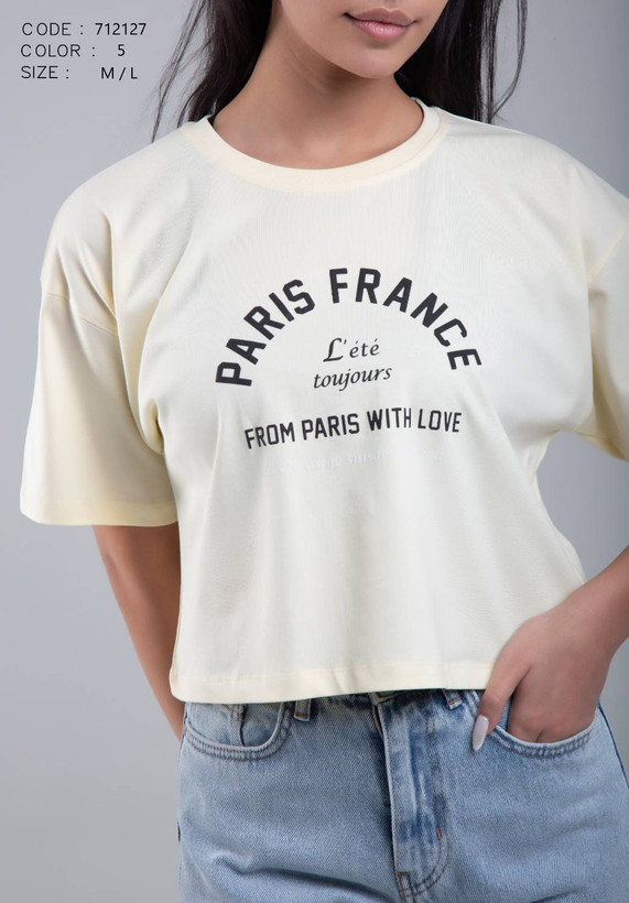 تیشرت کراپ باکسی یقه گرد زنانه رنگ کره ایبا طرح 'PARIS FRANCE L'été toujours FROM PARIS WITH LOVE'