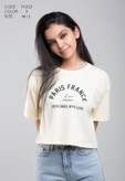 تیشرت کراپ باکسی یقه گرد زنانه رنگ کرم با طرح 'PARIS FRANCE L'été toujours FROM PARIS WITH LOVE'