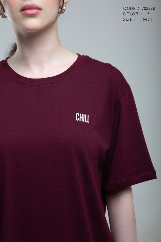 نمای نزدیک از تیشرت باکسی زنانه طرح chill